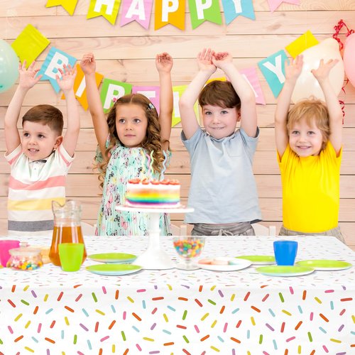 Oudain 3 Pieces Sprinkle Table Cloth Disposable Plastic Confetti Tablecloth 108 x 54 Inches Rectangle Baby Sprinkle Decorations for Girls Boys Birthday Wedding Baby Shower Party Supplies Favor (White)