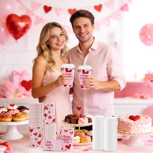 50 Pcs Valentine's Day Coffee Cups 16 oz Disposable Pink Red Heart Paper Drinking Cups Love Heart Coffee Containers for Hot and Cold Beverage Water Juice Cocoa Valentine's Day Wedding Party Supplies