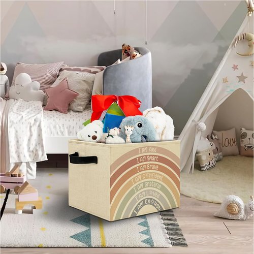 Elefeltclave Boho Rainbow Nursery Storage Bins,I Am Kind Positive Affirmations Collapsible Storage Basket Organizer for Kids Room Nursery Playroom Classroom Clothes Toys Books, Toybox for Girls Boys