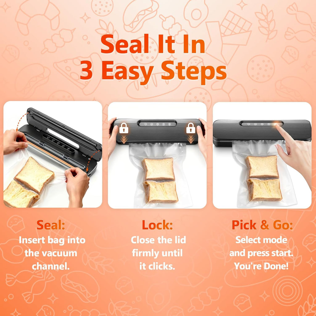Vacuum Sealer Machine - High Suction Food Sealer with Double Seal Technology | Compact Design with Built-in Cutter & Bag Storage | Dry & Moist Modes (Black)