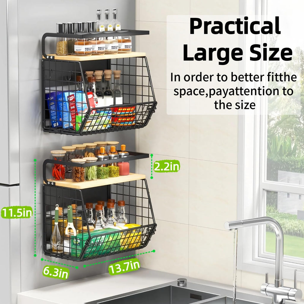 DecruKaltiz Magnetic Shelf for Fridge with Bamboo Lid,Fruit Vegetable Potato and Onion Wire Basket, Refrigerator Magnetic Spice Rack for Countertops, Cabinets, Laundry Rooms and RVs (Black, 1 Pack)