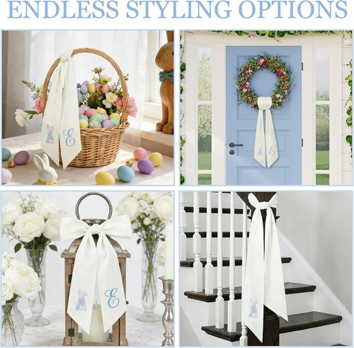 Elegant Easter Wreath Sash - 59" Long Embroidered Bunny/Cross/Egg Design for Boxwood & Magnolia Wreaths | Heavy Drape, Wrinkle-Resistant & Washable Spring Ribbon Decor