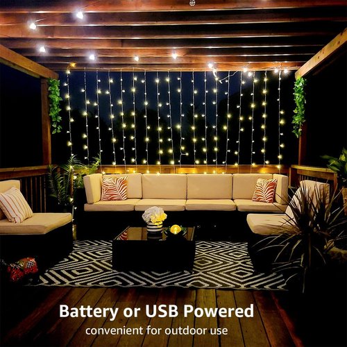 LE Fairy Curtain Lights - 300 LED Battery Operated & USB Plug-In String Lights | 10 x 10 ft for Bedroom & Events