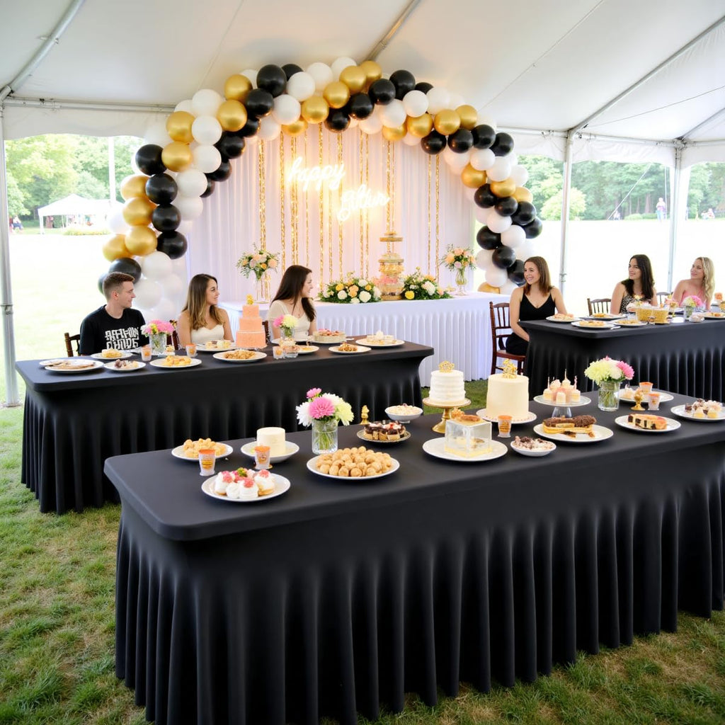 Outpain Black Spandex Table Clothes for 5 Foot Rectangle Tables-4Pack 5FT Spandex Fitted Table Cover, Wrinkle Free Tablecloths with Skirt for Parties, Wedding, Birthday, Banquet, Festival