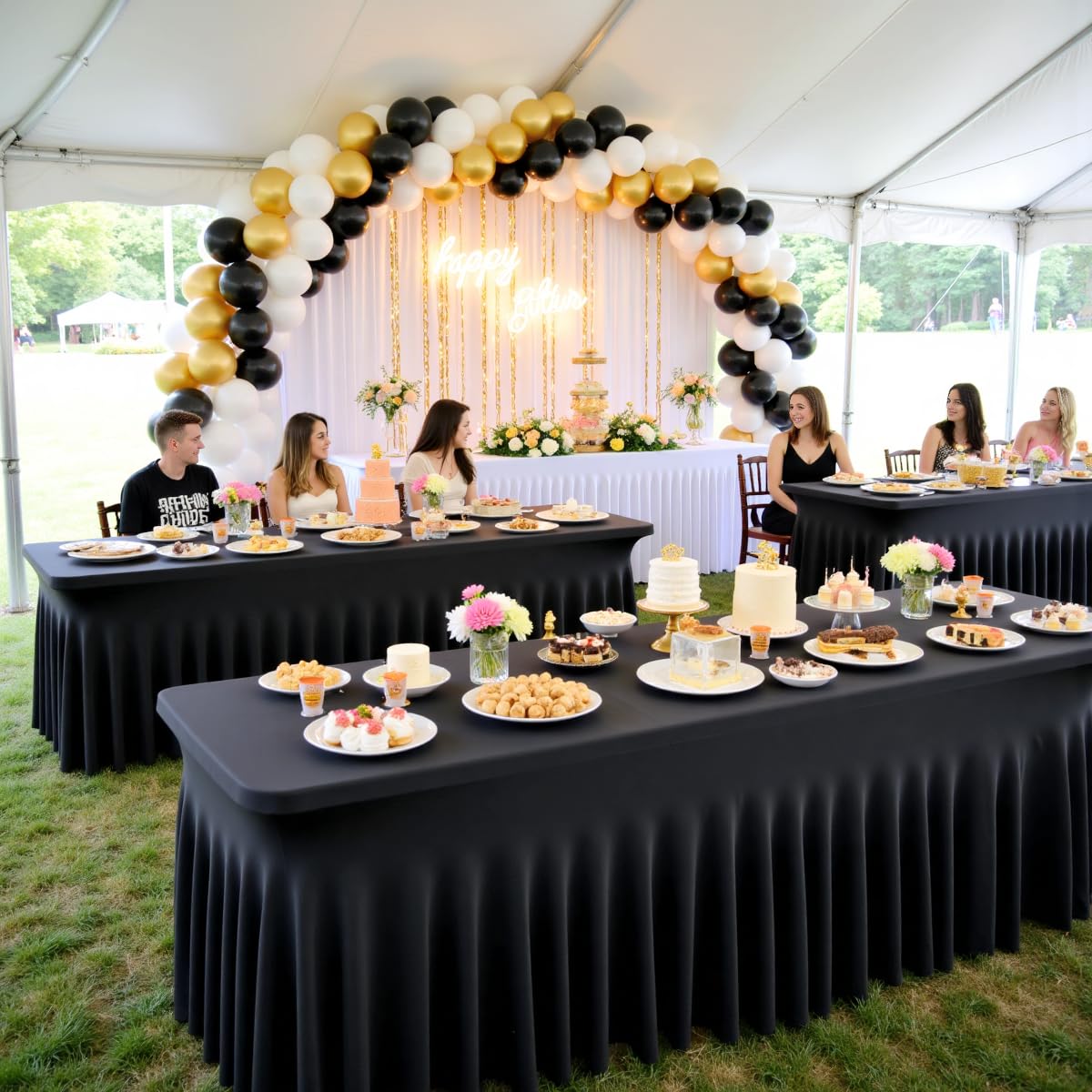 Outpain Black Spandex Table Clothes for 5 Foot Rectangle Tables-4Pack 5FT Spandex Fitted Table Cover, Wrinkle Free Tablecloths with Skirt for Parties, Wedding, Birthday, Banquet, Festival