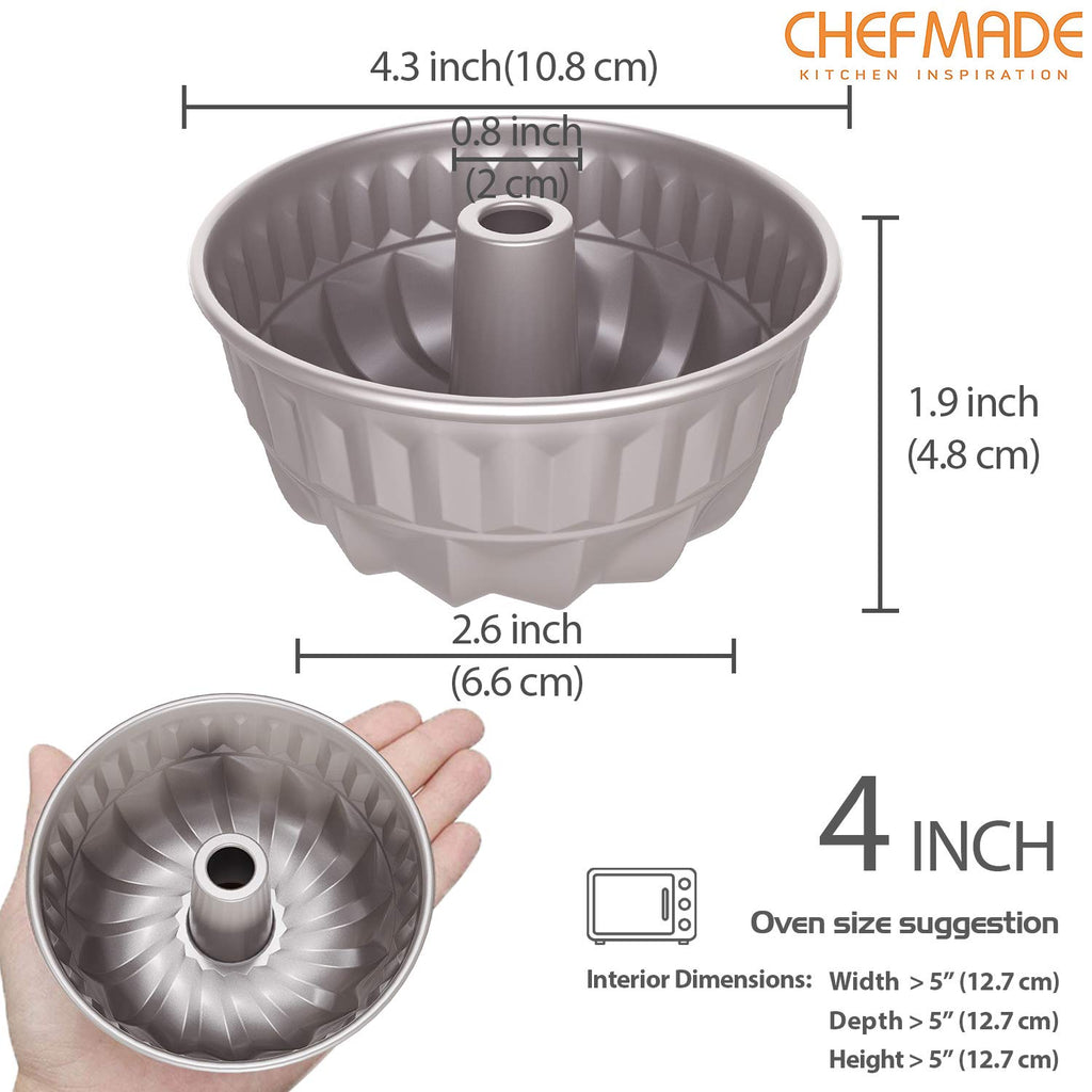 CHEFMADE Mini Fluted Tube Pan, 4-Inch 4Pcs Non-Stick for Oven Baking