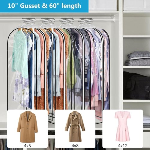 60 Clear Clothes Hangers - Waterproof Garment Bags with Smooth Zipper | 10" Gusseted for Shirts & Dresses