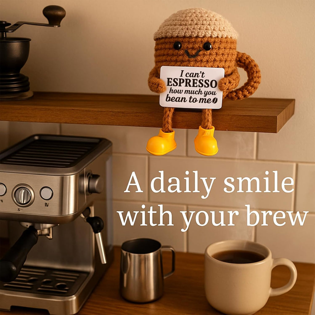 Positive Crochet Coffee Cup | Cute Desk Decor Gift for Coffee Lovers | Perfect for Him & Her
