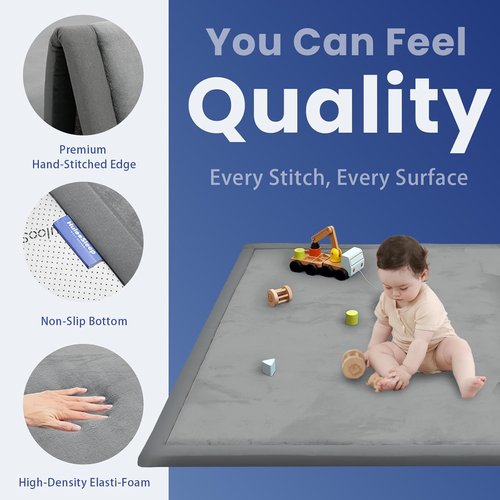 Huloo Sleep Baby Play Mat - Ultra Soft 50x50 Non-Slip Foam for Crawling & Tummy Time | Dark Grey
