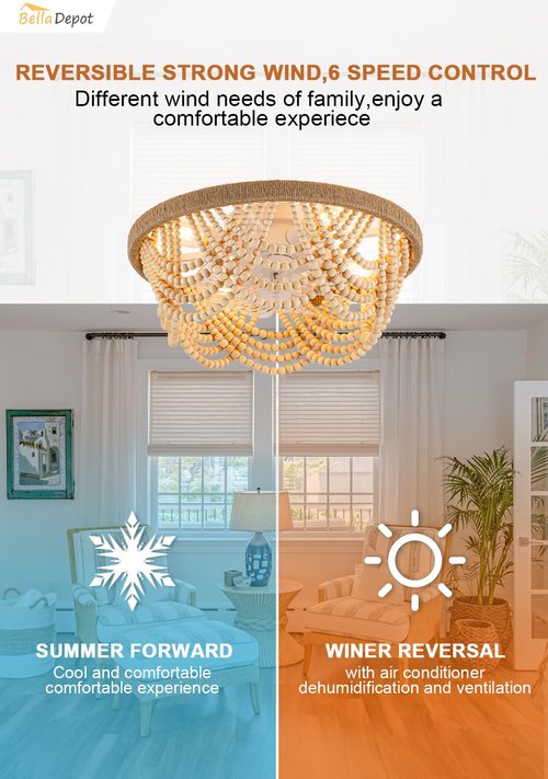 Bella Depot 20" Boho Ceiling Fan with Light, Flush Mount Wood Beaded Fandelier Chandelier Fan, 6 Speeds Reversible Bladeless Ceiling Fan for Bedroom Living Room Kitchen (Wood)
