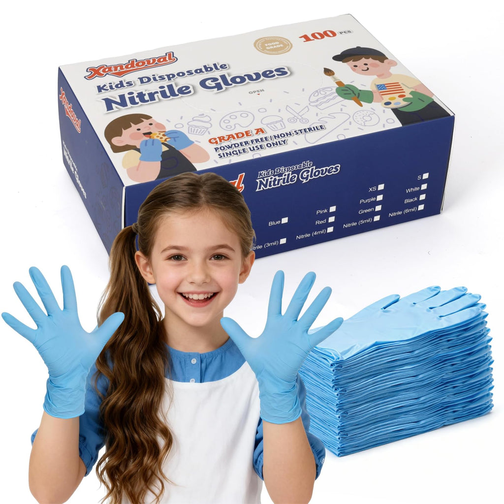 Xandoval Kids Disposable Gloves for 3-8 Years, 5Mil Blue Nitrile Gloves with Latex-Free and Powder-Free, Durable and Protective for Work, Cleaning, Cooking, Gardening (XS,100PCS)