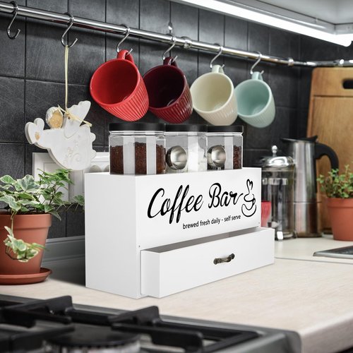 Skybooly 3 Pcs Coffee Canister Set with Shelf and Spoon Plastic Coffee Bean Storage Container with Lids Coffee Storage Box with Drawer Food Storage Jars for Coffee Bar Kitchen (White)