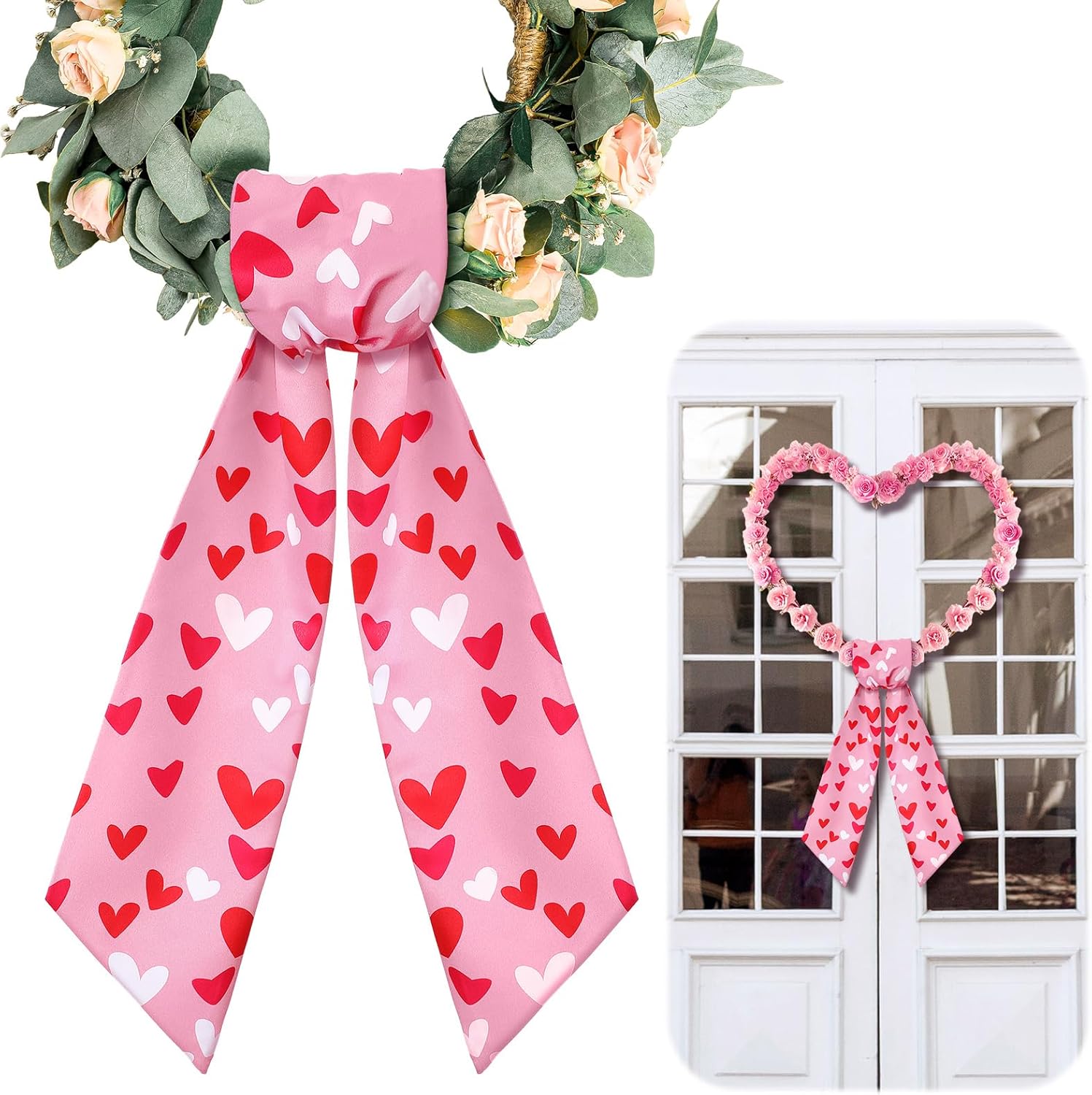 Skiennix Wreath Sash - Satin Blank Sash for Front Door Decor | Romantic Heart Print, Red & Pink