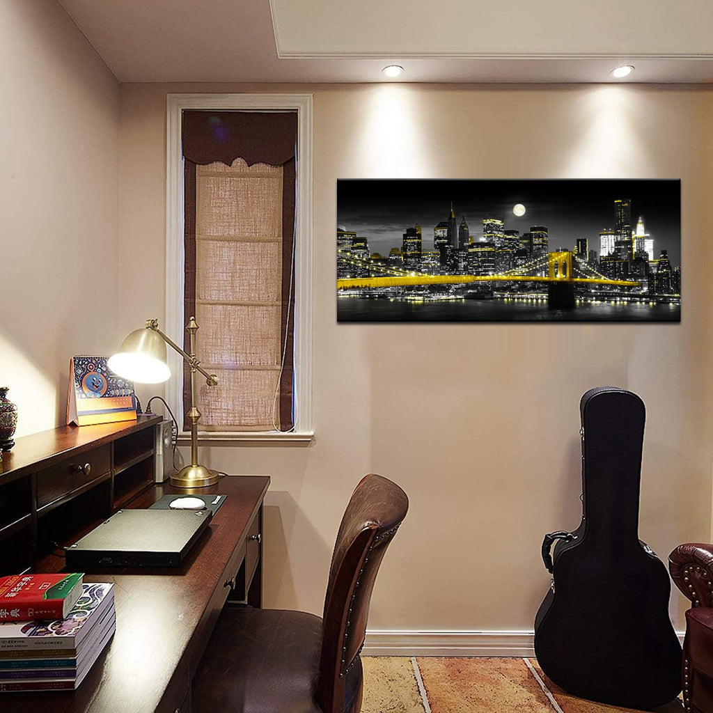 Biuteawal Black and White Yellow Canvas Print New York City Brooklyn Bridge at Moon Night Picture Photo Painting Cool Manhattan Skyline Artwork Modern Home Office Wall Decoration Ready to Hang
