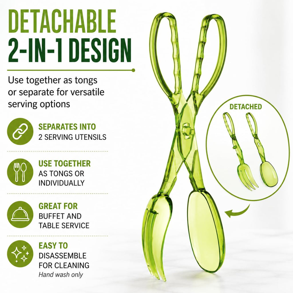 HIC Kitchen Salad Tong, Hinged Design, Detachable Fork and Spoon Green