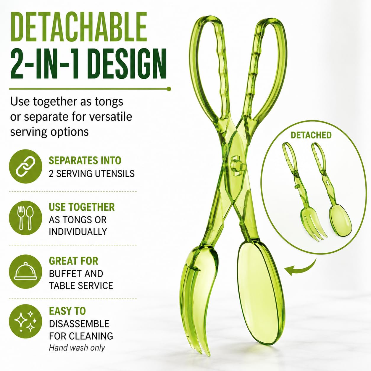 HIC Kitchen Salad Tong, Hinged Design, Detachable Fork and Spoon Green