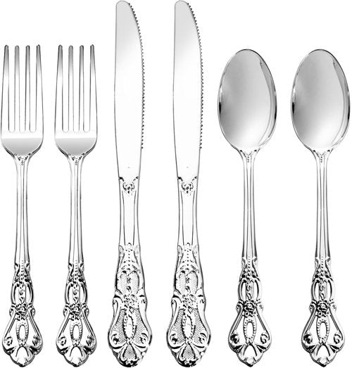 Joyido 300Pieces Silver Plastic Silverware - Heavy Duty Silver Disposable Utensils - Vintage Plastic Cutlery Set Includes 100 Forks, 100 Spoons, 100 Knives for Dinner Parties Weddings