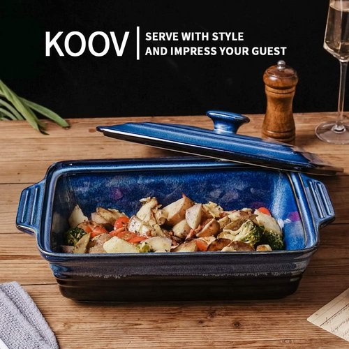 KOOV Ceramic Casserole Dish - Covered Rectangular Lasagna Pan for Cooking | 9 x 13 Inches, Nebula Blue
