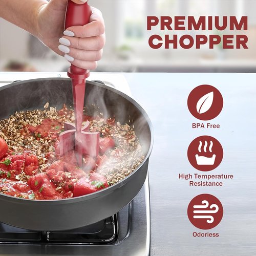 Meat Chopper - Premium Heat Resistant Hamburger Smasher for Ground Beef & Turkey | Non-Stick Red
