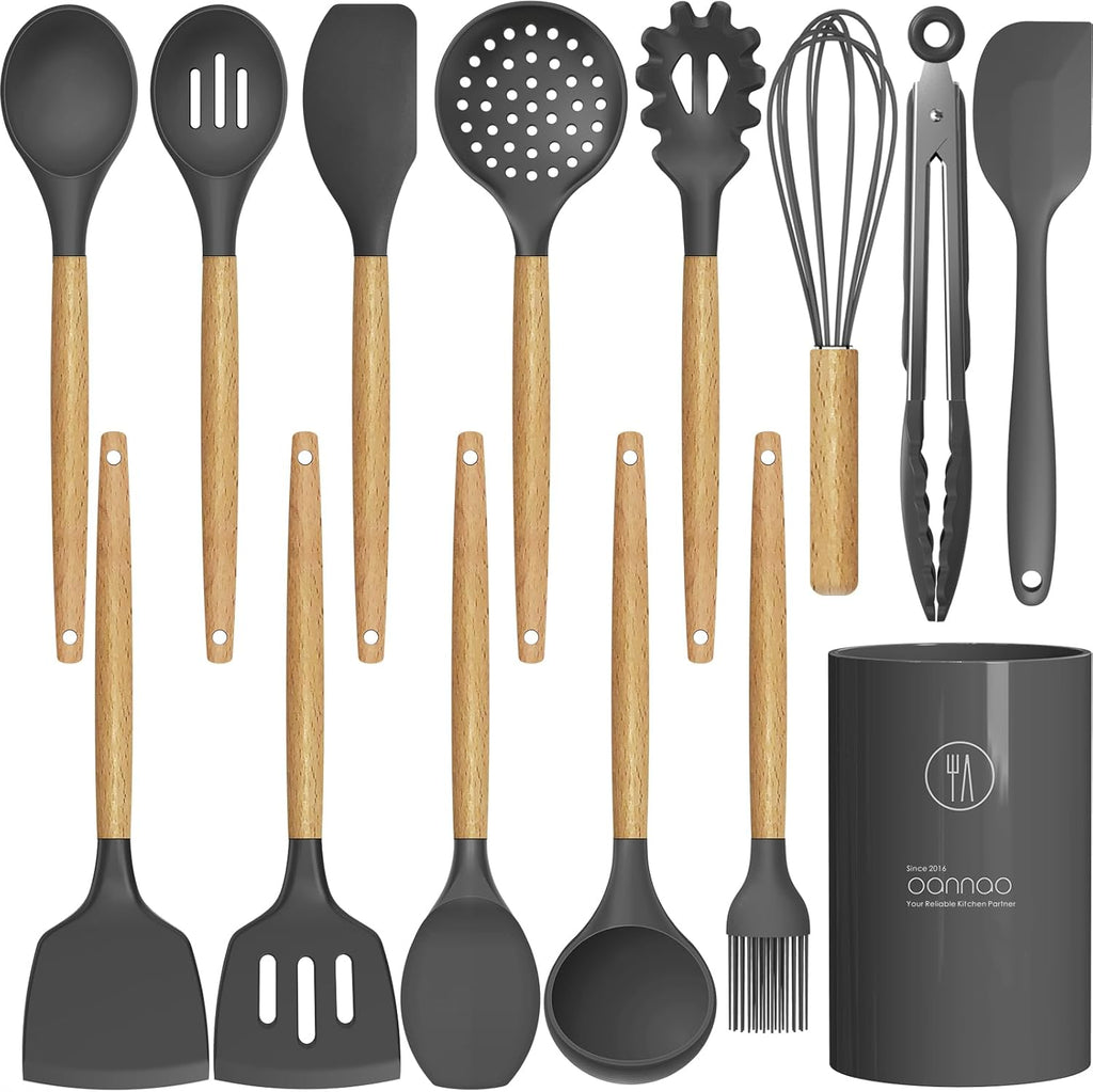 Oannao Silicone Cooking Utensils Set - 446°F Heat Resistant Kitchen Tools for Nonstick Cookware | Gray