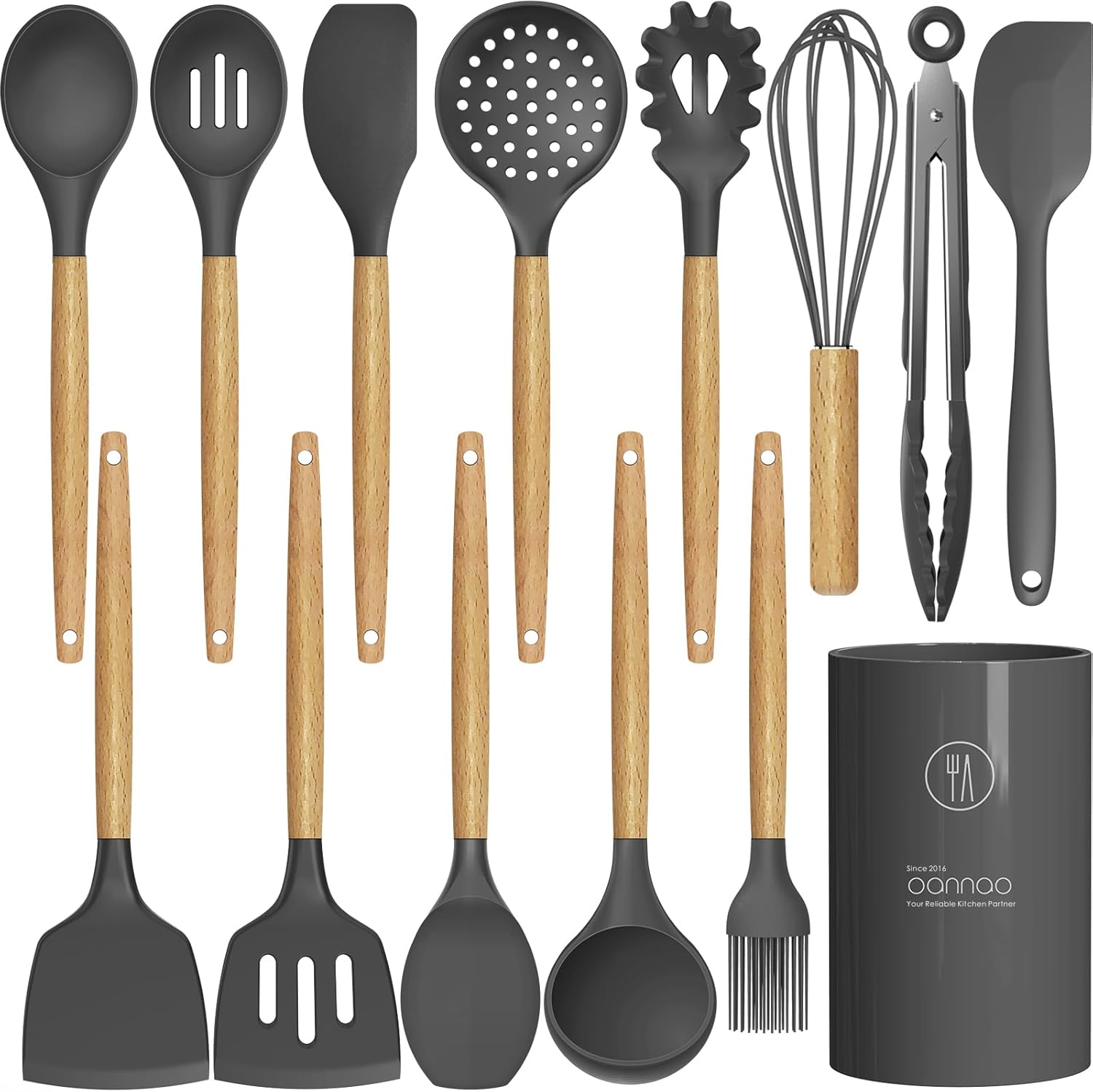 Oannao Silicone Cooking Utensils Set - 446°F Heat Resistant Kitchen Tools for Nonstick Cookware | Gray