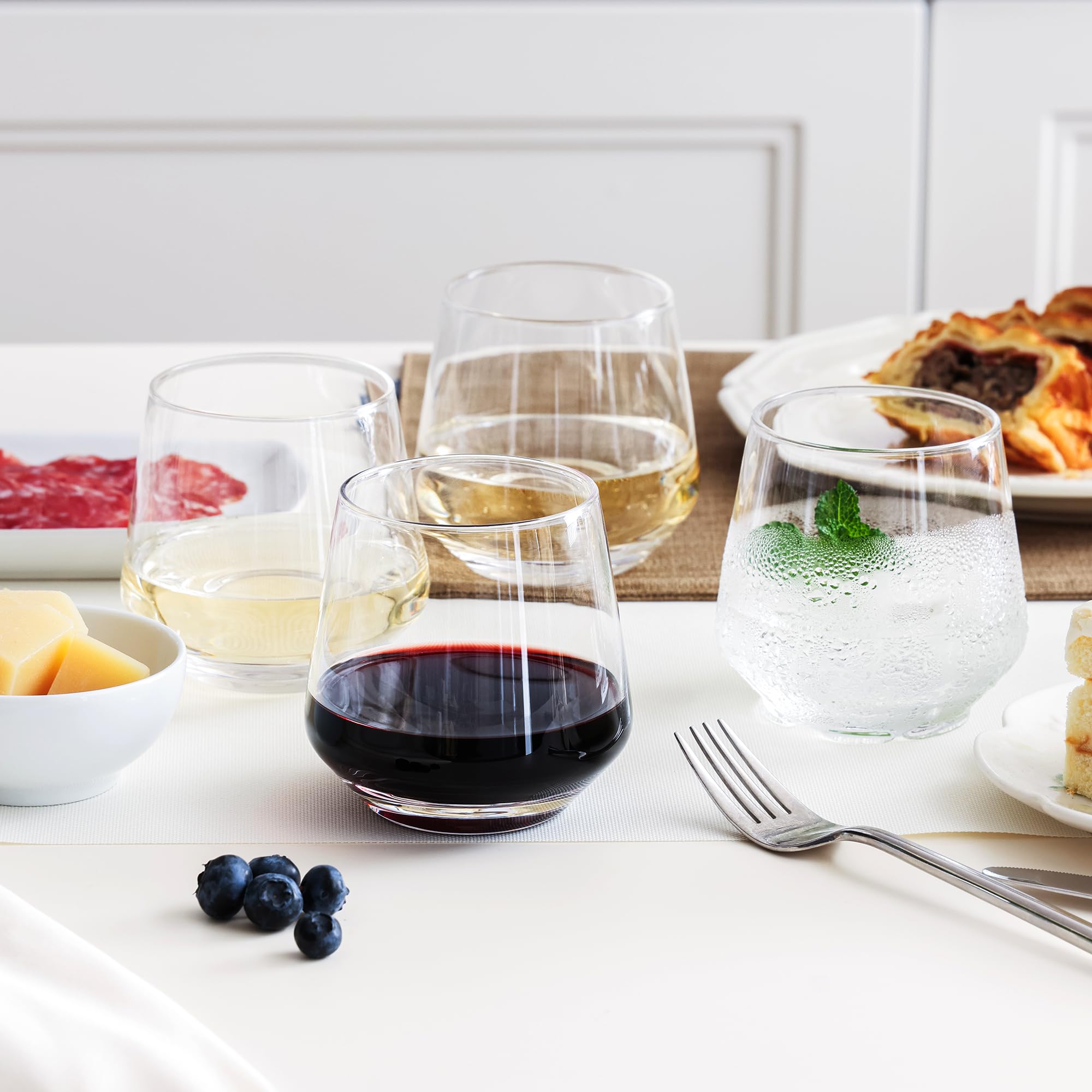 OUWO Stemless Wine Glasses Set of 6, 13.5oz Red White Wine Glasses for Daily Use, Hosting, Home Bar, Evening Party, Birthdays, Housewarming Gift, Clear