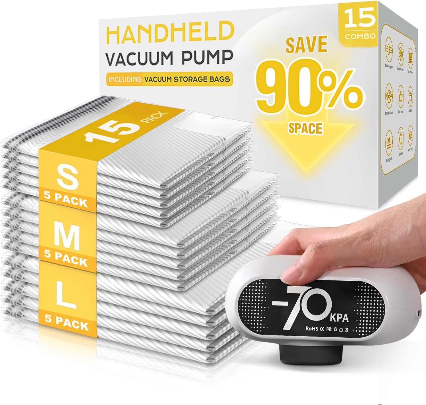 Skiennix Vacuum Storage Bags - 15 Pack with Electric Pump | Premium Tear-Resistant, Space-Saving Travel Essentials