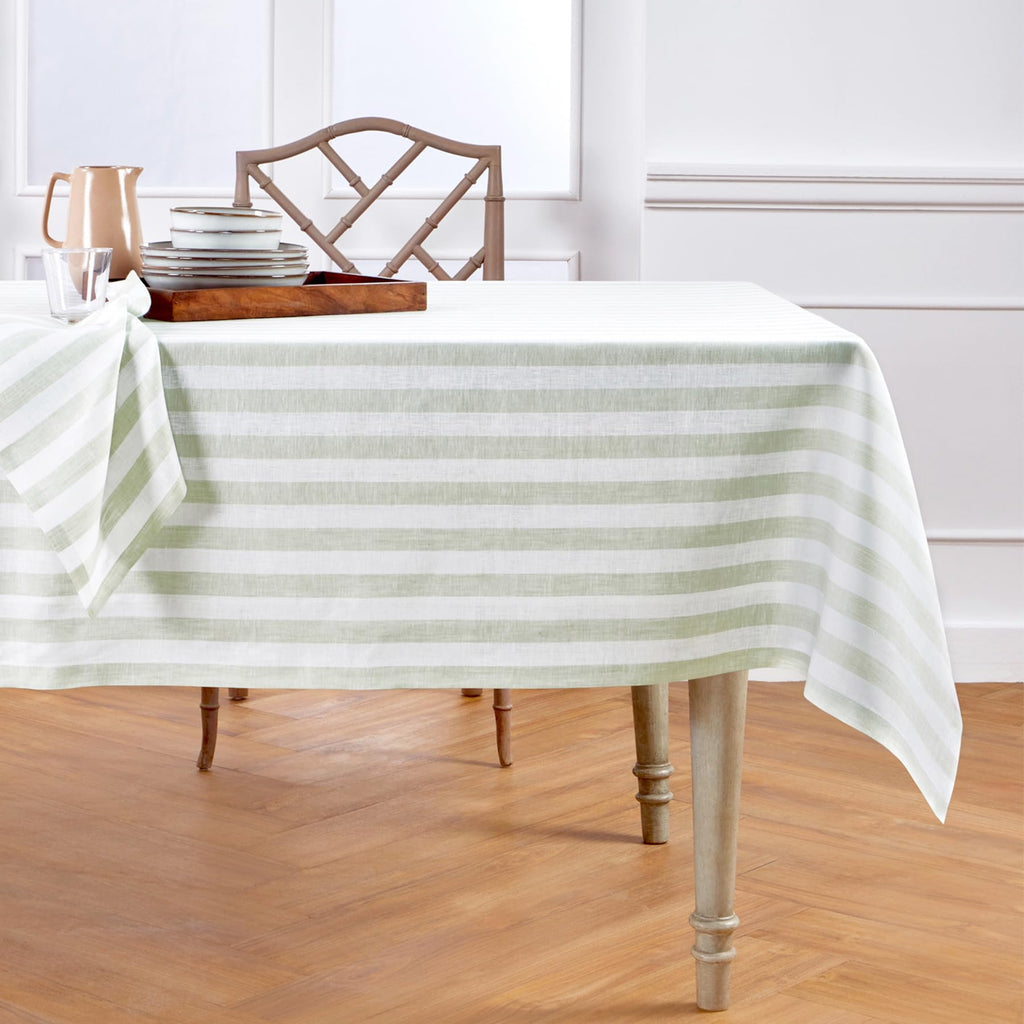 Solino Home Linen Tablecloth 52 x 52 Inch - Sorrento Stripe, 100% Pure Linen Sage and White Square Tablecloth - Machine Washable Table Throw for Spring, Summer, Mothers Day