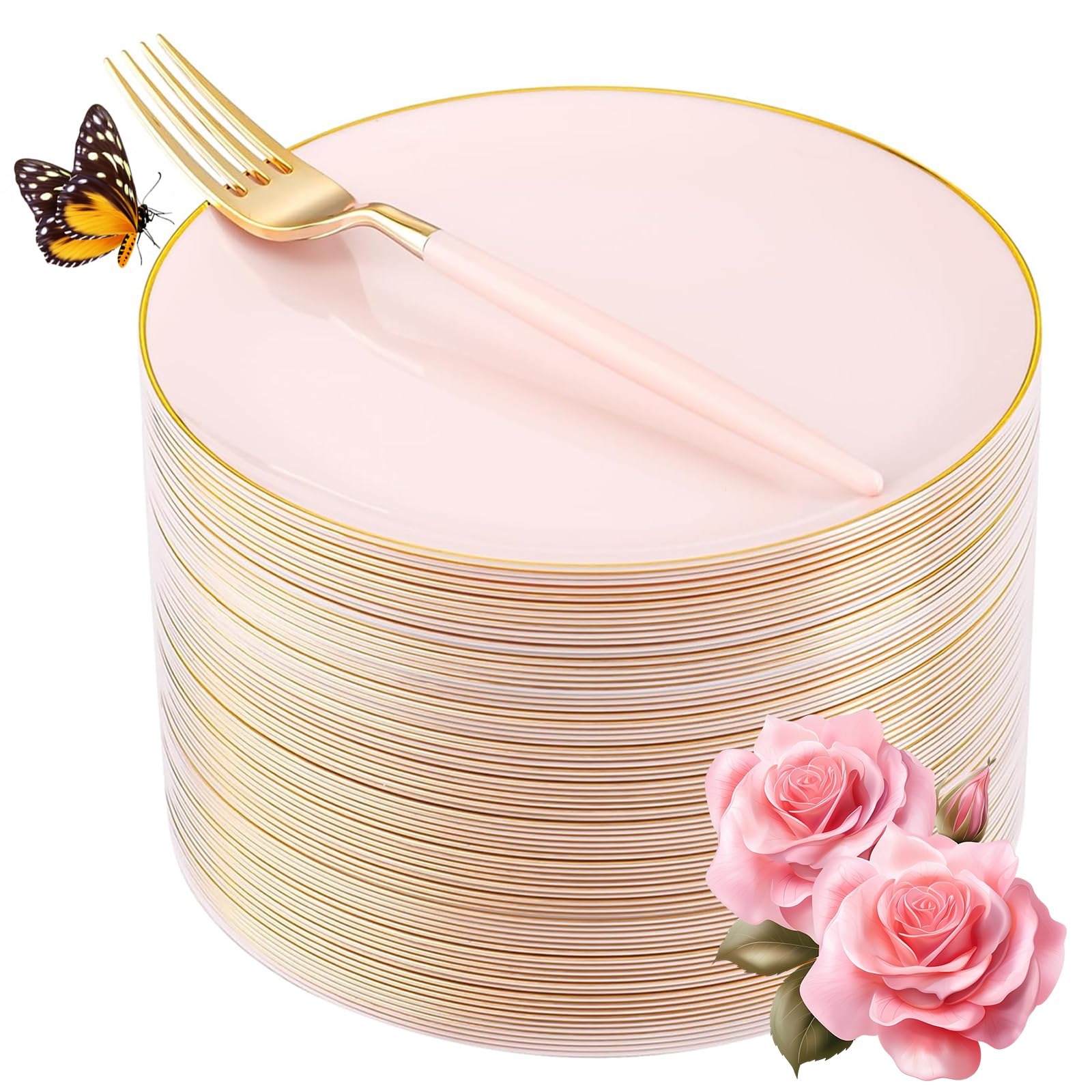 LIYH 96 Pcs Pink Gold Disposable Dessert Plates & Forks Set - 7.5 Inch Salad Cake Appetizer Plastic Plates for Parties, Birthdays, Baby Showers 48 Guests