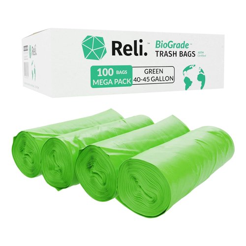 Reli. Biodegradable 40-45 Gallon Trash Bags | 100 Count | ASTM D6954 | Green | Eco-Friendly | Oxobiodegradable Under Certain Conditions (See Product Description)