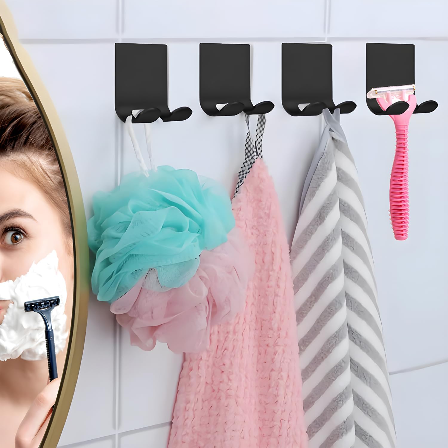 Skiennix Razor Holder - Heavy Duty Self-Adhesive Stainless Steel Hooks | 2-Pack Bathroom Organizer