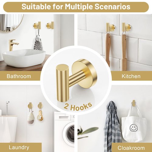 Lairuier Brushed Gold Towel Holder Set Include Double Bases Toilet Paper Holder,Towel Ring and 2 Towel Hooks Stainless Steel Wall Mounted Bathroom Hardware Accessories Set