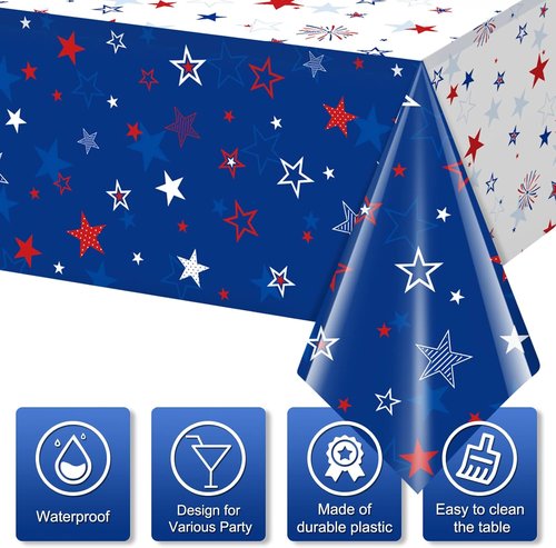 Jectivs Patriotic Tablecloths - 3 Pack Independence Day Decorations | 54 x 108 Inch, Stars & Fireworks Design