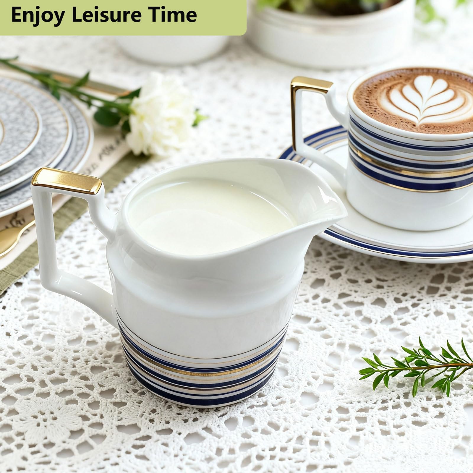 Vintage Tea Sets for Adults, Porcelain Complete Tea Sets - Golden&Blue Trim British Coffee Cups& Saucer Service for 4 with Teapot,Sugar Bowl,Creamer Pitcher for Gifts Kitchen&Party