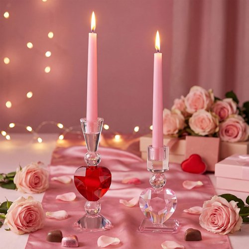 Reallnaive 2 Pcs Heart Cut Glass Candle Holders Valentine's Day Decorative Candlestick Holders 6.7" 8.9" Tapered Candle Stand Wide Base Table Centerpiece Decor for Wedding Christmas Holiday Decoration