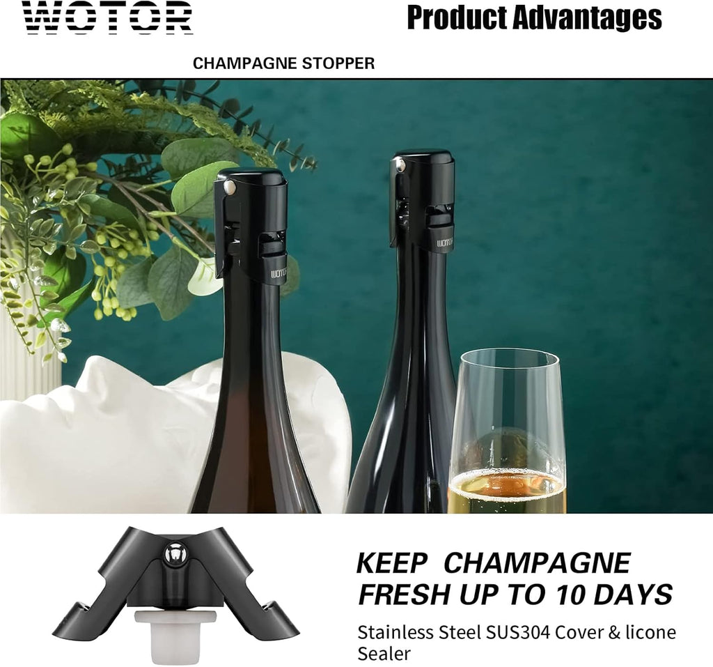 WOTOR Stainless Steel Champagne Stoppers - Champagne Bottle Stoppers with Silicone Seal, Reusable Cork & Saver, Suitable for Prosecco & Sparkling Wine, Black, 2 Pack