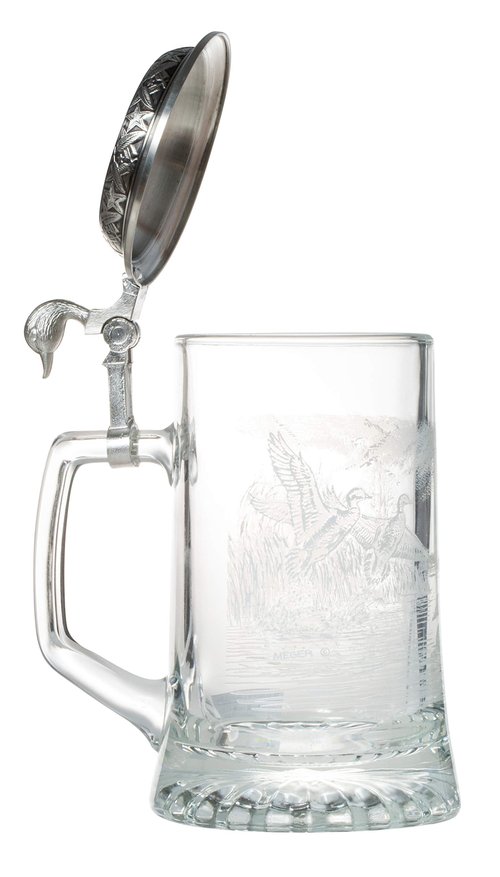 Birsppy James Mager Glass Mallard Stein Etched German Glass Beer Stein