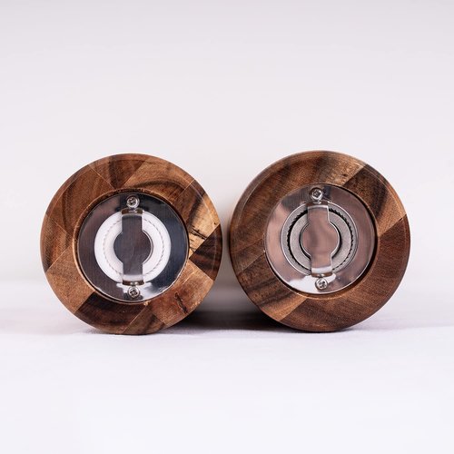 DeroTeno Salt and Pepper Mill Set, Adjustable Ceramic Grinder Salt Mill, Stainless Steel Grinder Pepper Mill, Acacia Wood, 32 cm / 12 inch Height, Bottom Dia 6cm (Tray is NOT Included)