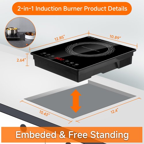 Portable Induction Cooktop Burner, 1800W, Induction Hot Plate with LCD Sensor, Electric Cooktop, Large 8” Heating Coil, 4 Hours Timer