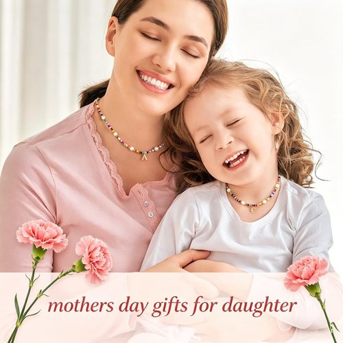 M MOOHAM Colorful Initial Necklace - Beaded Pearl Choker Jewelry for Kids, Teens & Women