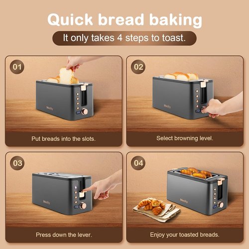 Mecity 4-Slice Toaster - Long Slot Design with Warming Rack & 6 Browning Settings | Stainless Steel, Grey
