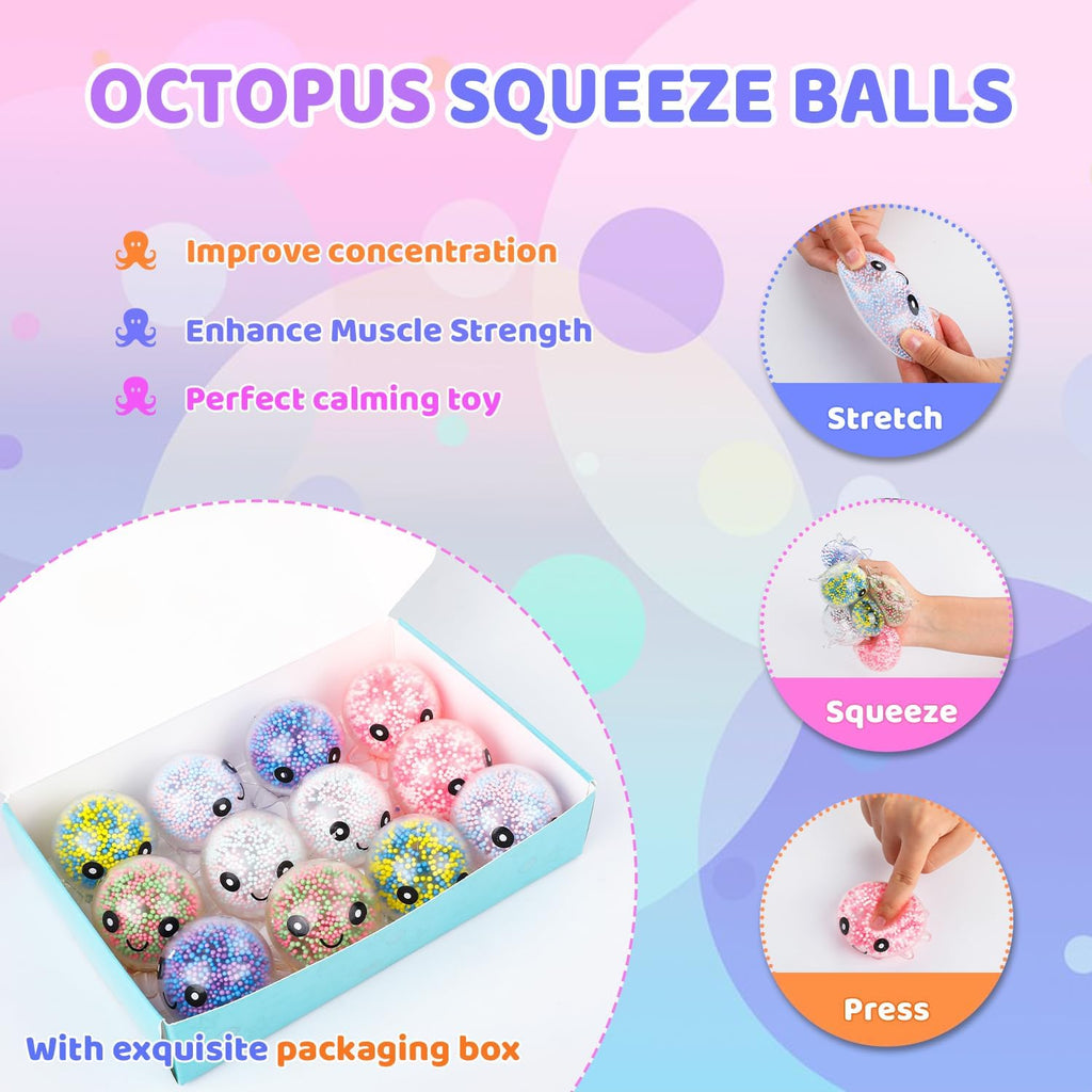 Skiennix Fidget Stress Balls - 12 Pack Cute Octopus Design for Adults | Stress Relief & Party Favors