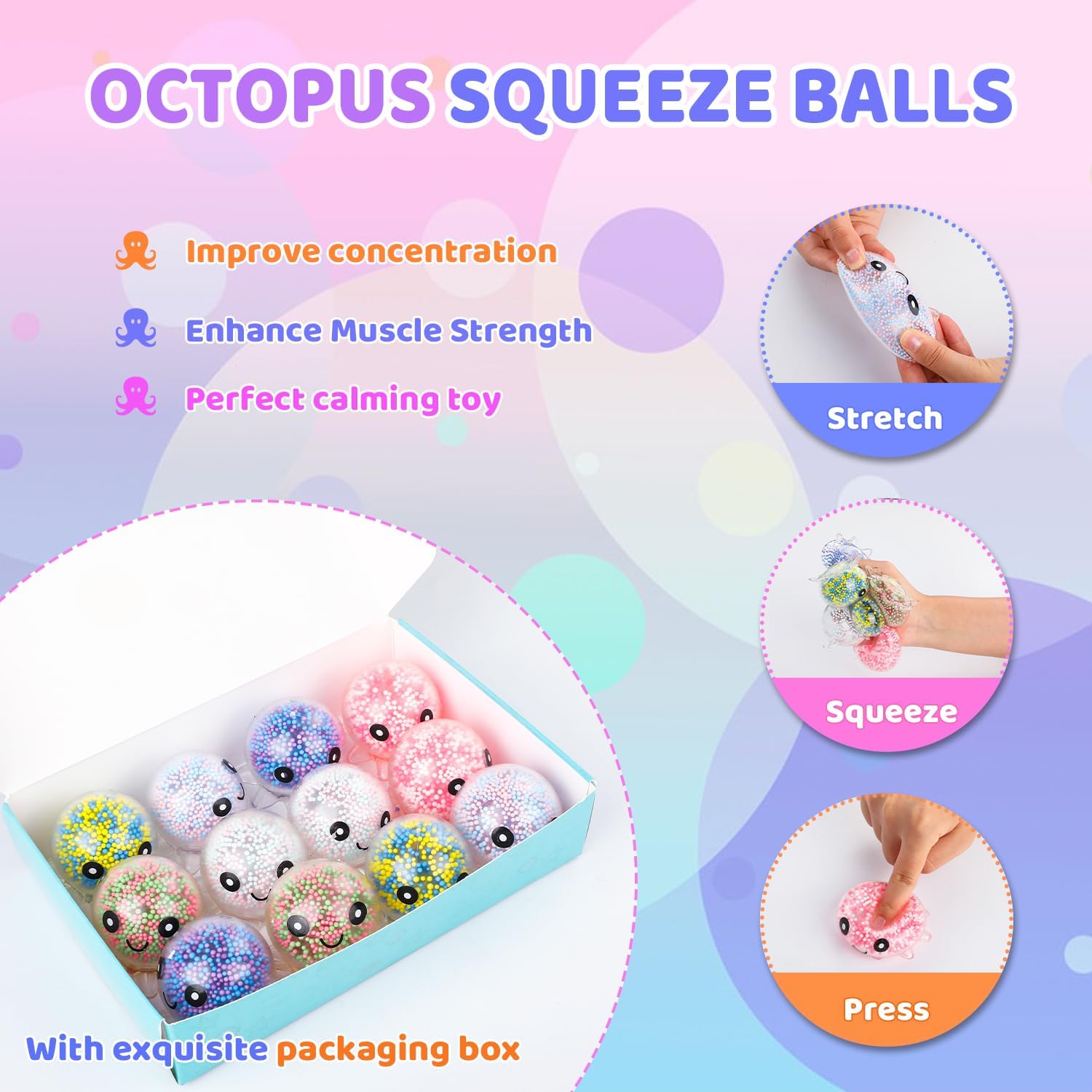 Skiennix Fidget Stress Balls - 12 Pack Cute Octopus Design for Adults | Stress Relief & Party Favors
