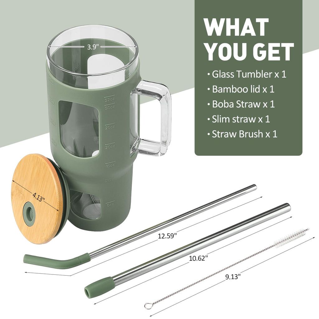 WINSA Glass Tumbler with Lid, 32 oz Glass Cup with Handle, Glass Water Bottles with Time Marker, 2 Straws - Pearl Straw & Silicone Protective Sleeve - Olive