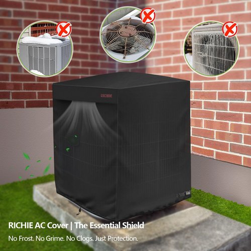 RICHIE 420D Air Conditioner Cover for Outside Units, Waterproof Windproof Winter Cover with Elastic Hem for Secure Fit, Anti-UV Fade Resistant, Square AC Covers for up to 30"L x 30"W x 32"H, Black