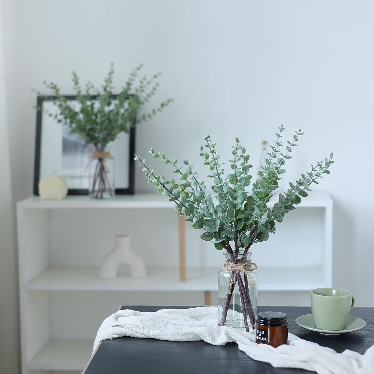VIERENA Eucalyptus Stems - 17.5" Artificial Plant in Glass Vase with Faux Water | Sage Green Centerpiece Decor