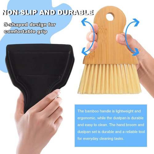 BSMstone Mini Broom and Dustpan Set Portable Hand Broom with Bamboo Handle Small Crumb Sweeper for Home, Bathroom, Kitchen, Car Interior, Office, Pet Areas (Black)