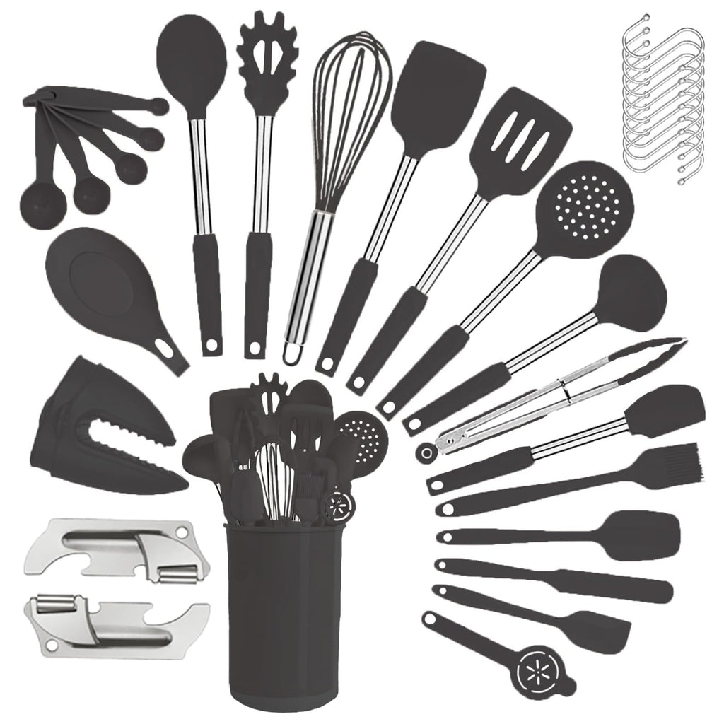 Silicone Kitchen Cooking Utensils Set with Stainless Steel Handle, Spatula Set Utensil Set, Cooking Utensil Set,Kitchen Tools Gadgets for Nonstick Cookware (35, Black)
