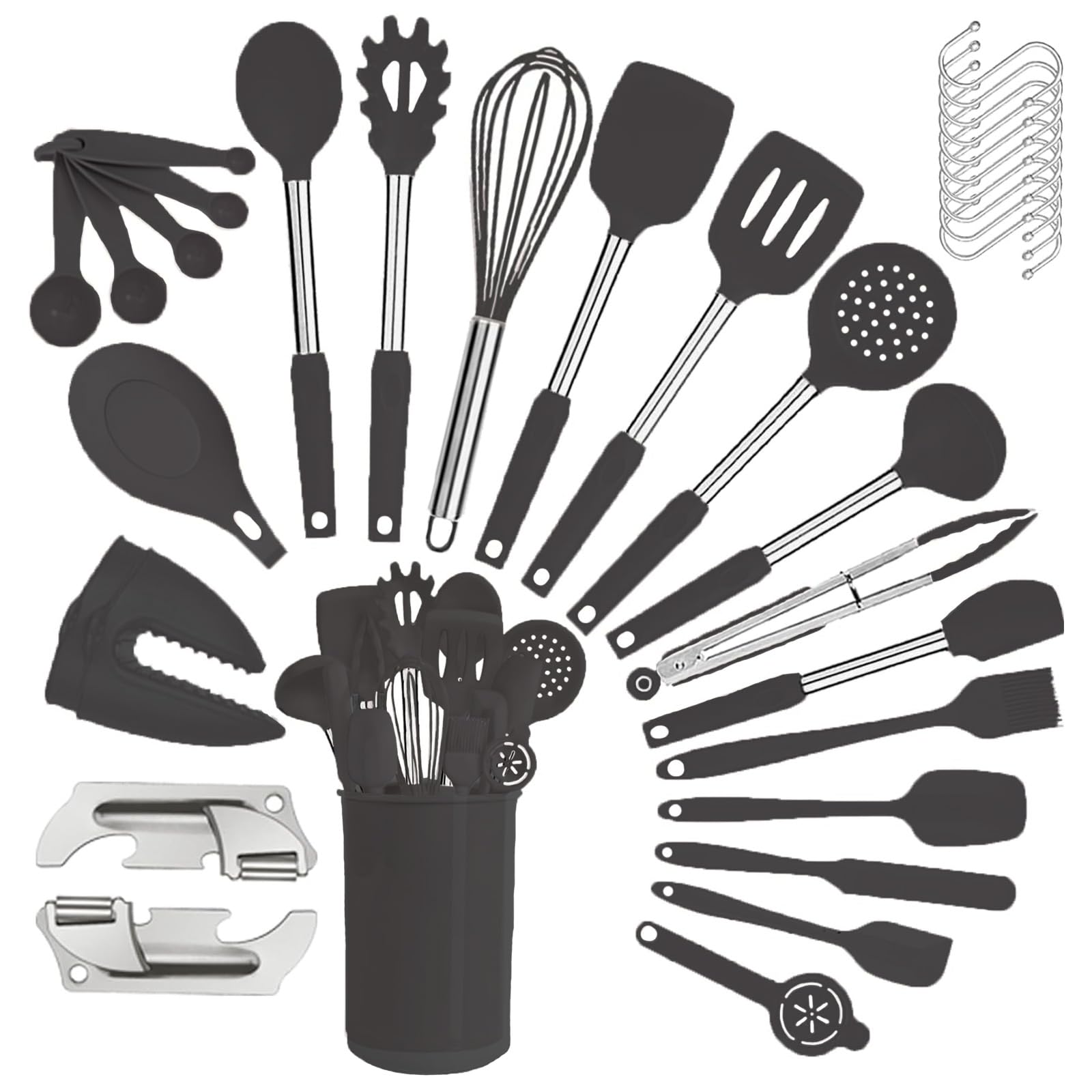 Silicone Kitchen Cooking Utensils Set with Stainless Steel Handle, Spatula Set Utensil Set, Cooking Utensil Set,Kitchen Tools Gadgets for Nonstick Cookware (35, Black)