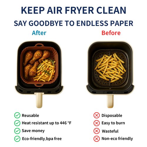 Boribim 9 Inch Large Air Fryer Silicone Liners - 2 PCS Square Reusable AirFryer Basket Liners for 5-8QT Air fryer, Air fryer Accessories for Baking Roasting Microwave (Black + Brown)